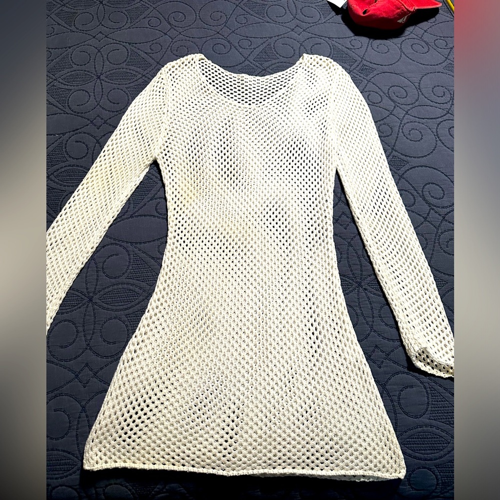 White Cotton Fishnet Woven Coverup